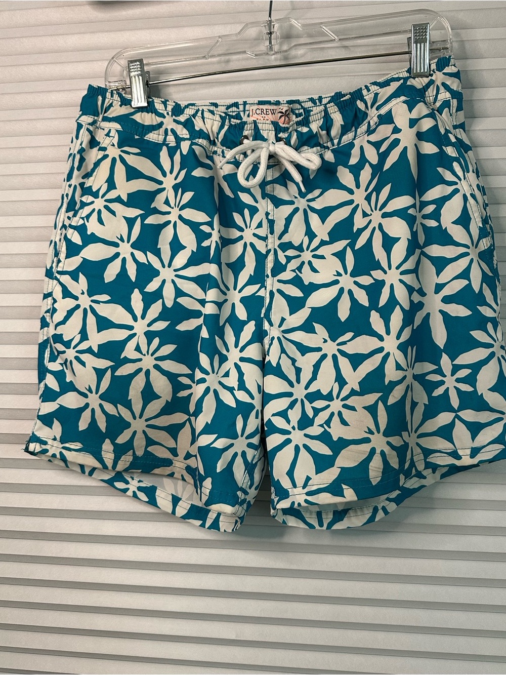 J. Crew Teal and White Floral Swim Trunks
